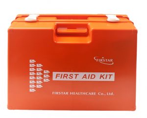 An orange first aid kit by Dels Apparel