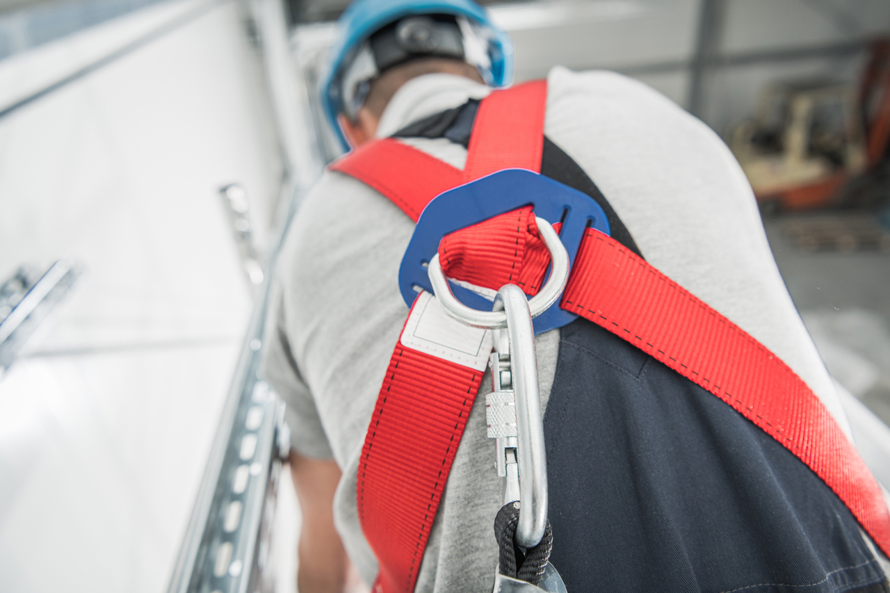 Worker with a safety harness